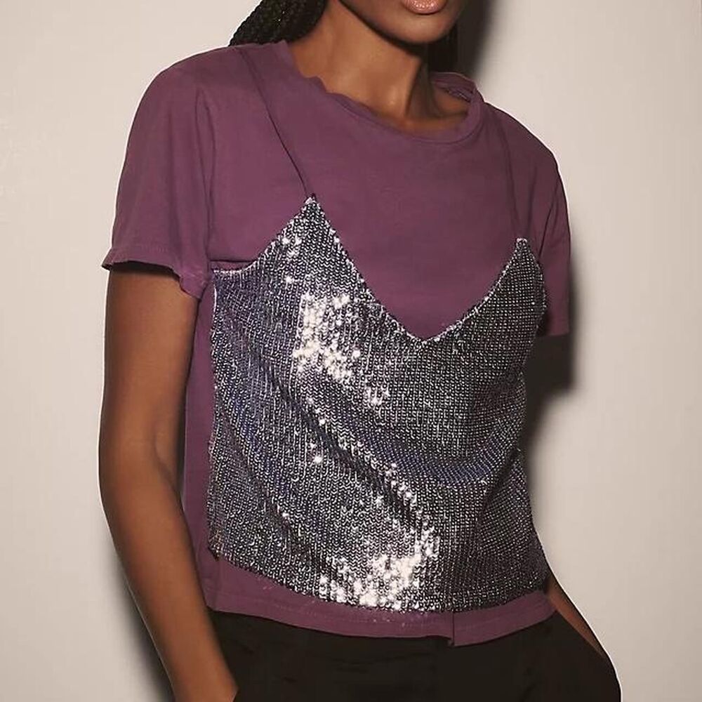 Anthropologie Le Superbe Birdie Sequin Tee - Purple XS